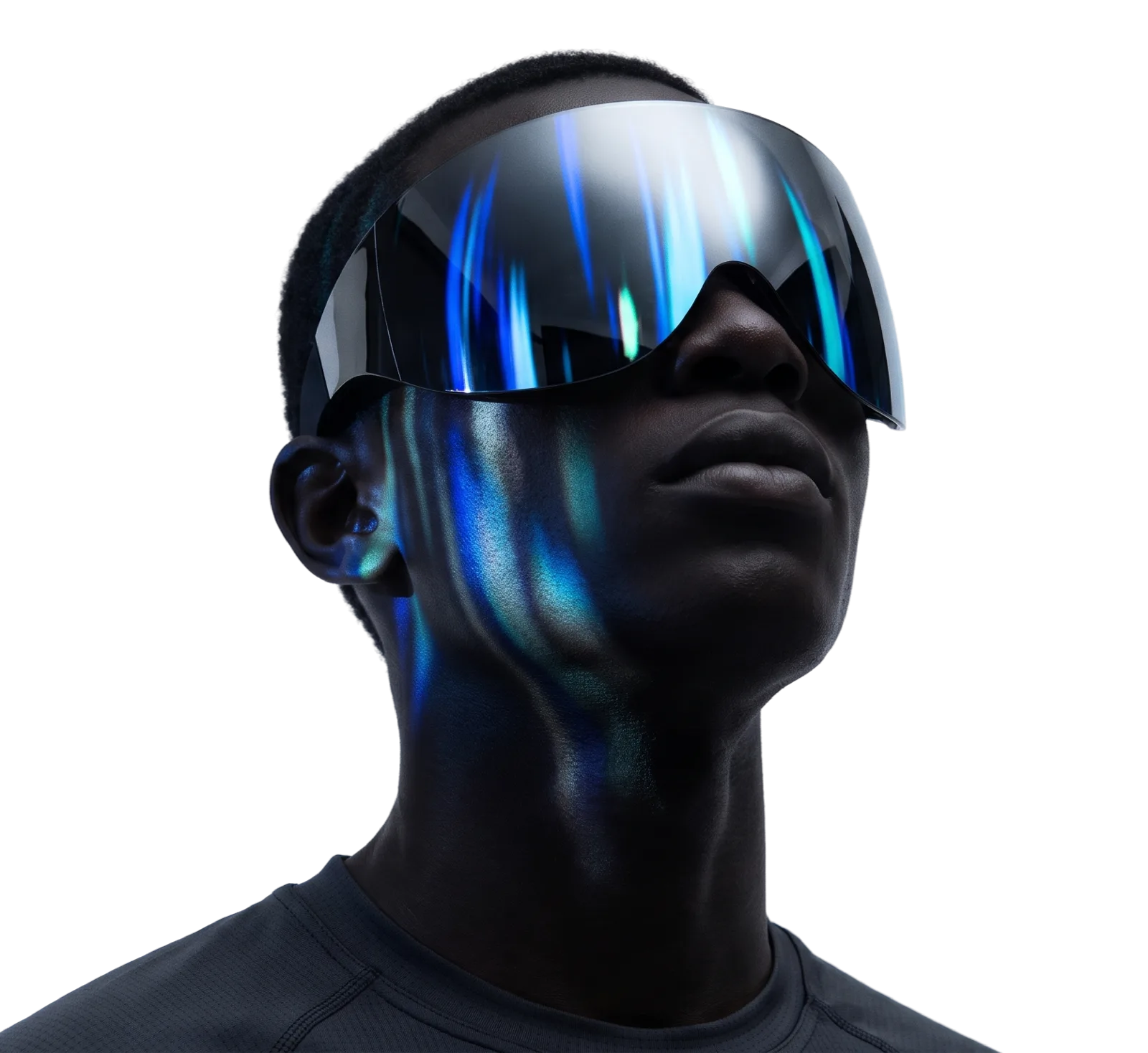 Pessoa com visor espelhado futurista, recortada sobre o gradiente azul e ciano